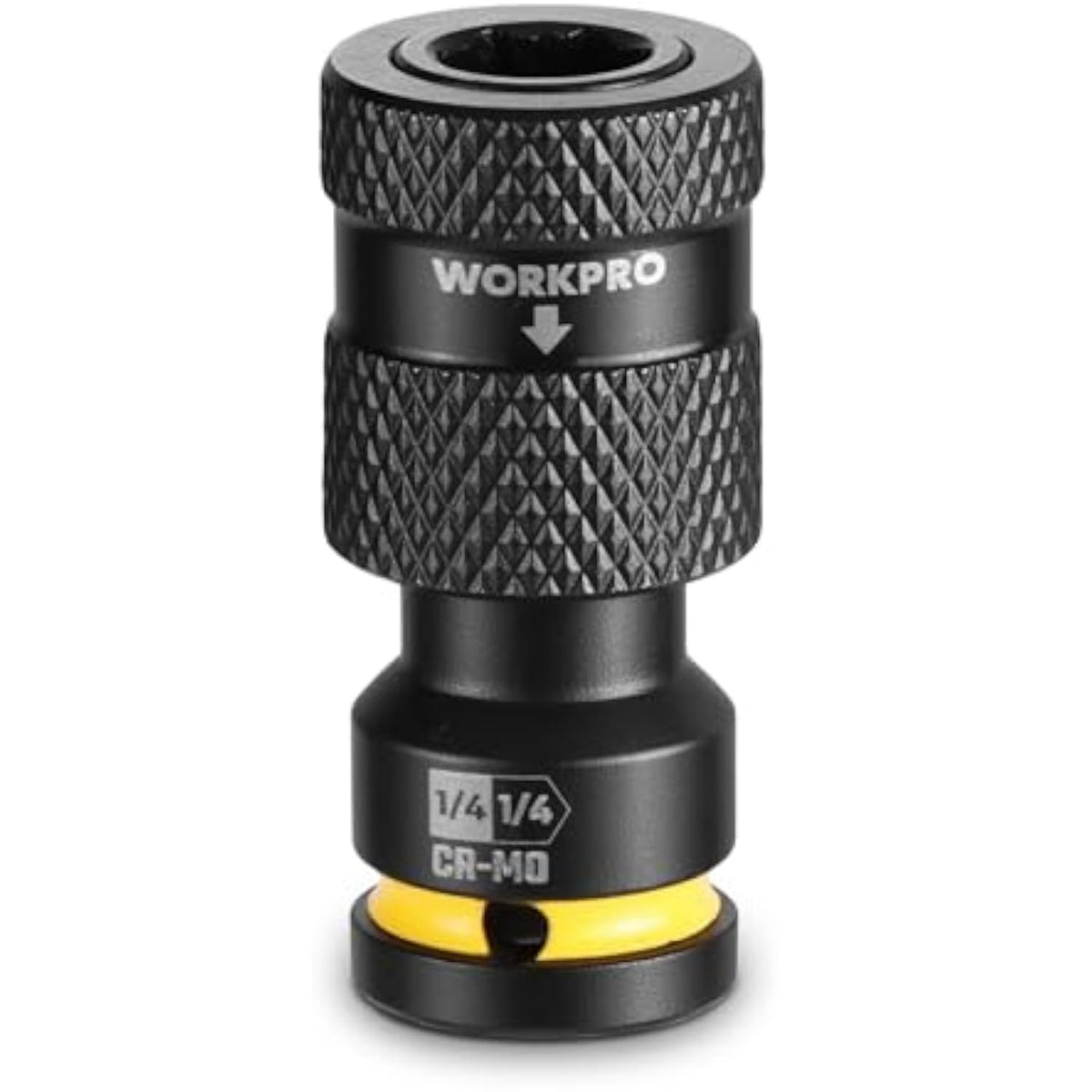 1/4in square to 1/4in hex impact socket adapter, black knurled body with yellow ring