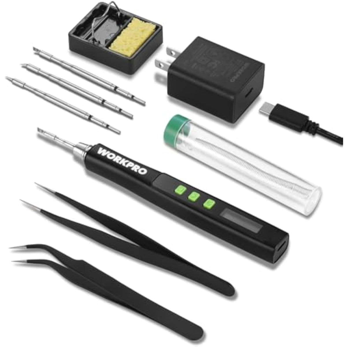 Soldering iron kit accessories: soldering iron pen, tips, sponge, tweezers, and case
