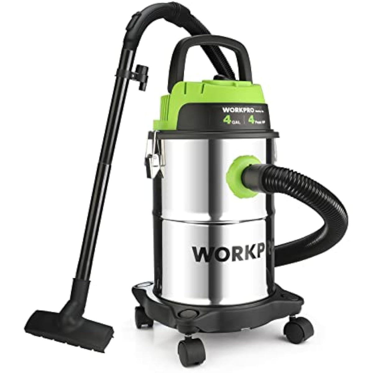 Compact shop vacuum with green top, stainless tank, black hose, and floor nozzle