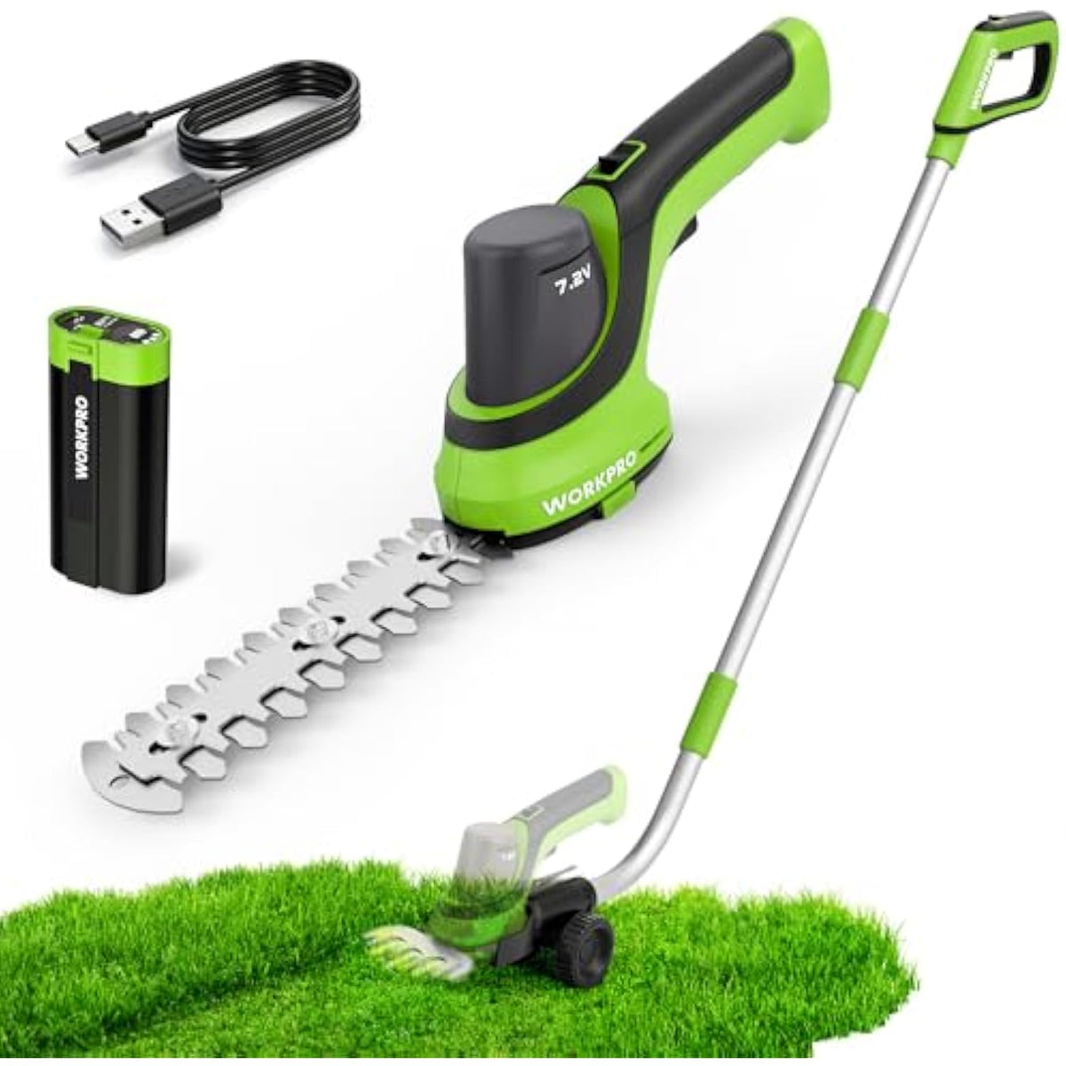 Cordless grass trimmer with extension pole, battery pack, and Type-C charging cable