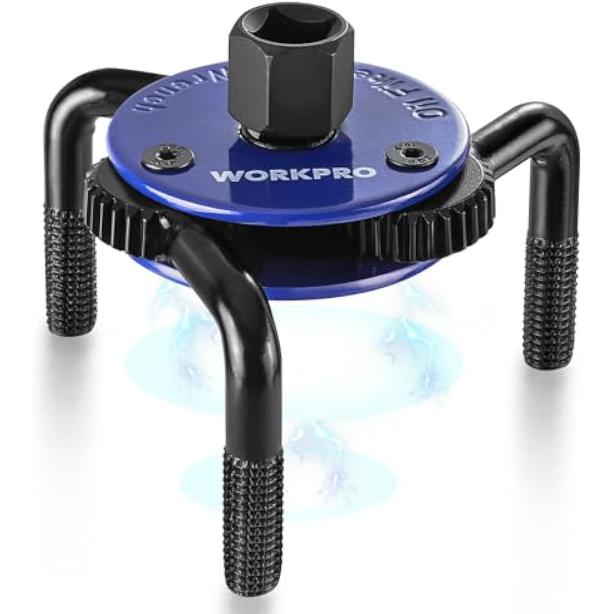 Magnetic oil filter wrench with blue top plate and knurled legs, light mist effect