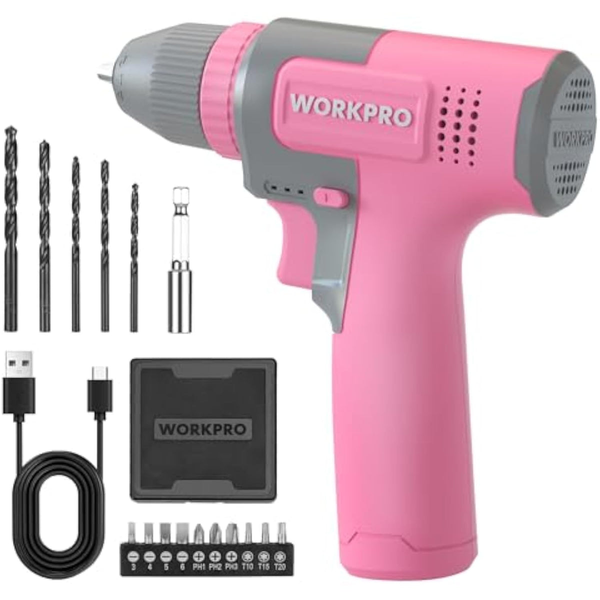 Pink WORKPRO cordless drill driver with accessories and 15-piece bit set