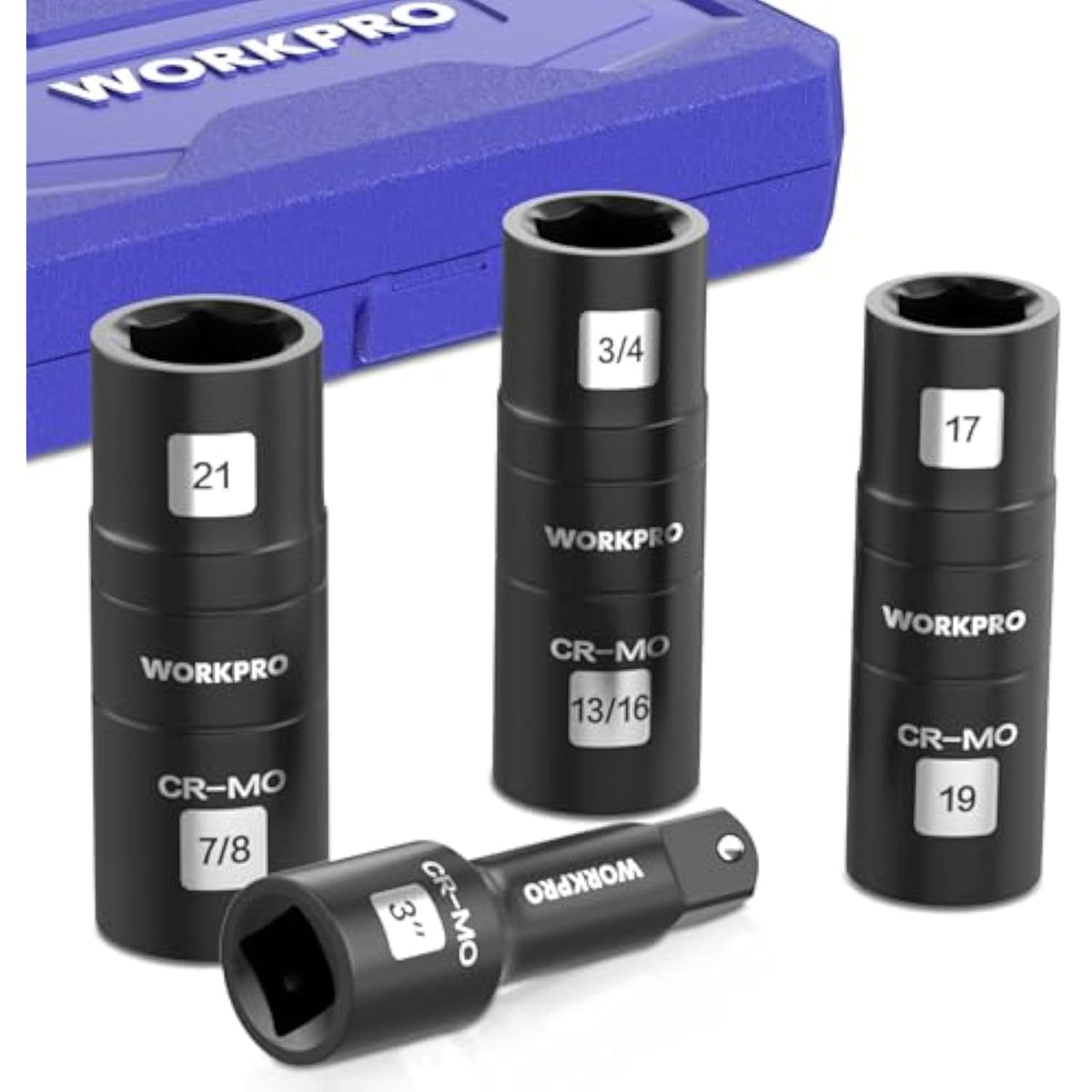 WORKPRO impact flip socket set with three sockets and a short extension bar
