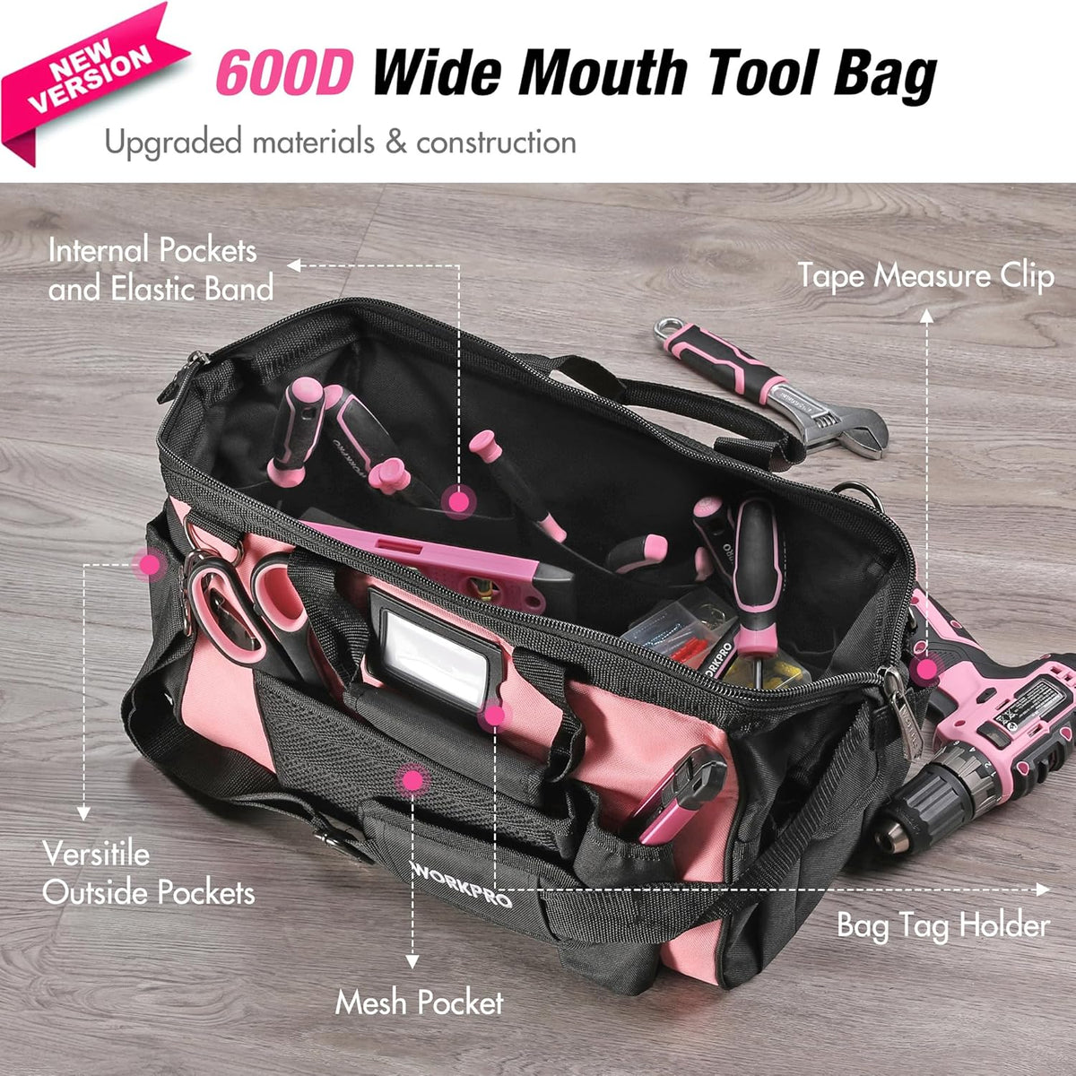 Pink and black wide-mouth tool bag with multiple pockets and mesh inner pocket
