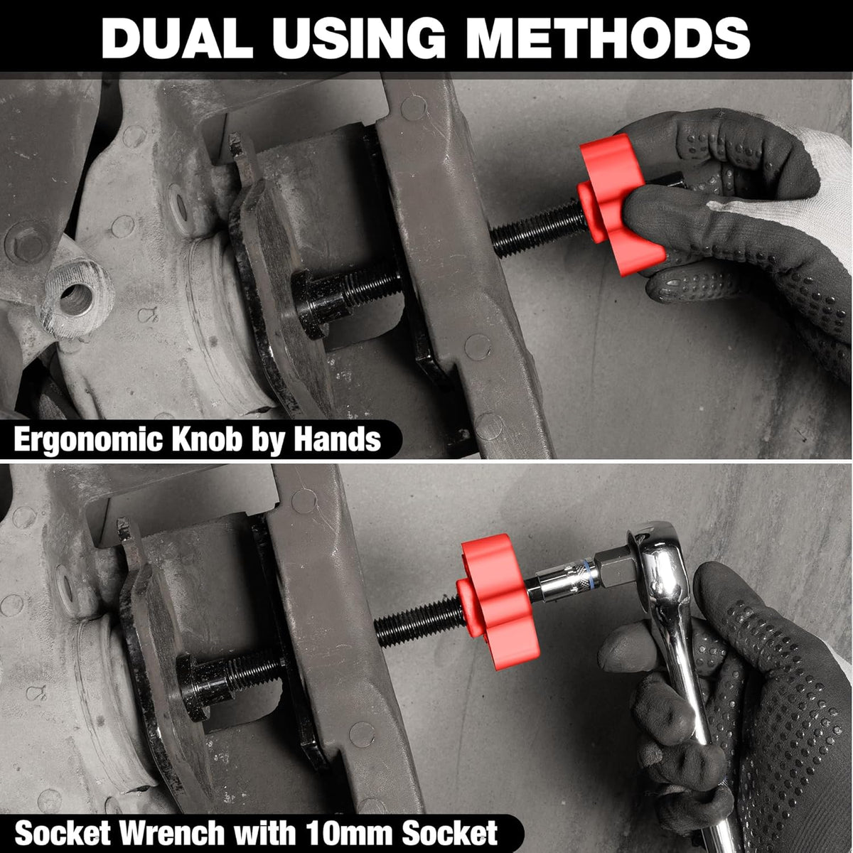 Brake pad spreader tool with red ergonomic knob used by hands or socket wrench