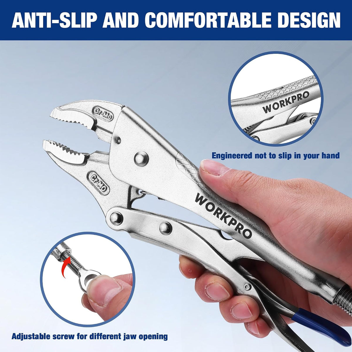 WORKPRO 2-Piece Locking Pliers Set, 6.5 Inch Long Nose & 10 Inch Curved Jaw, CR-MO Steel Construction with Adjustable Screw, Multipurpose Clamping Tool for Automotive, Welding, and Home DIY