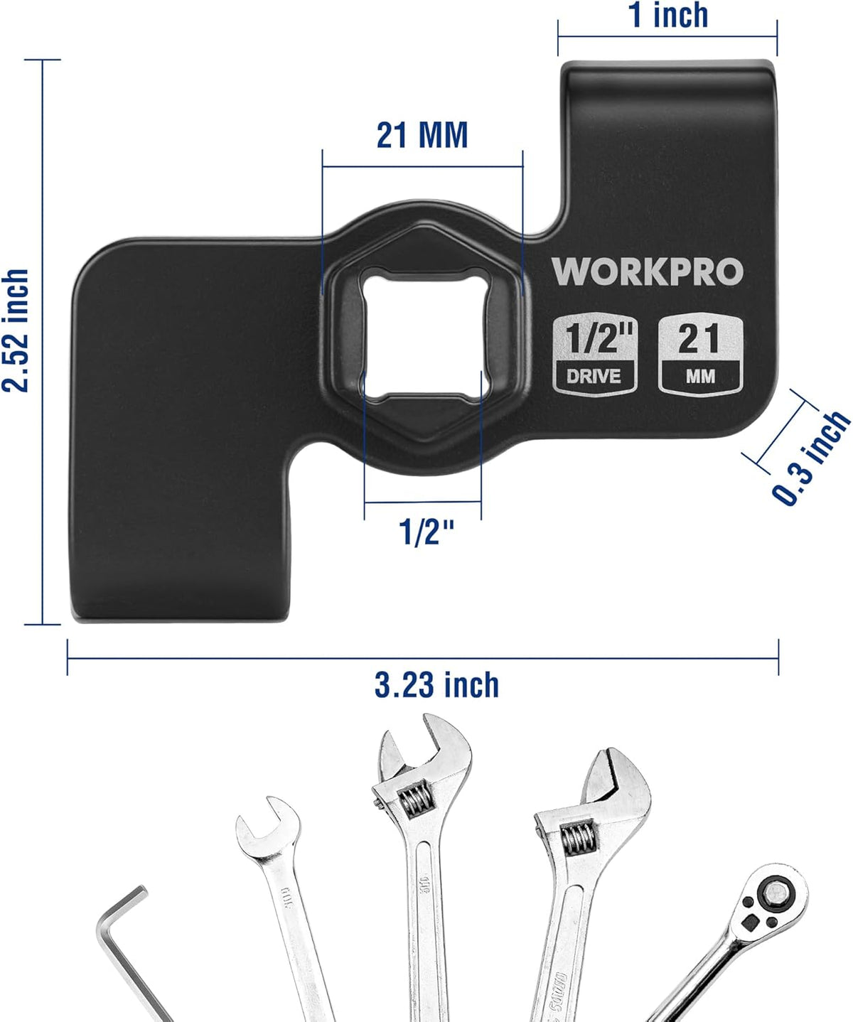 WORKPRO 1/2 in drive wrench extender adapter for 21 mm hex drive, black.