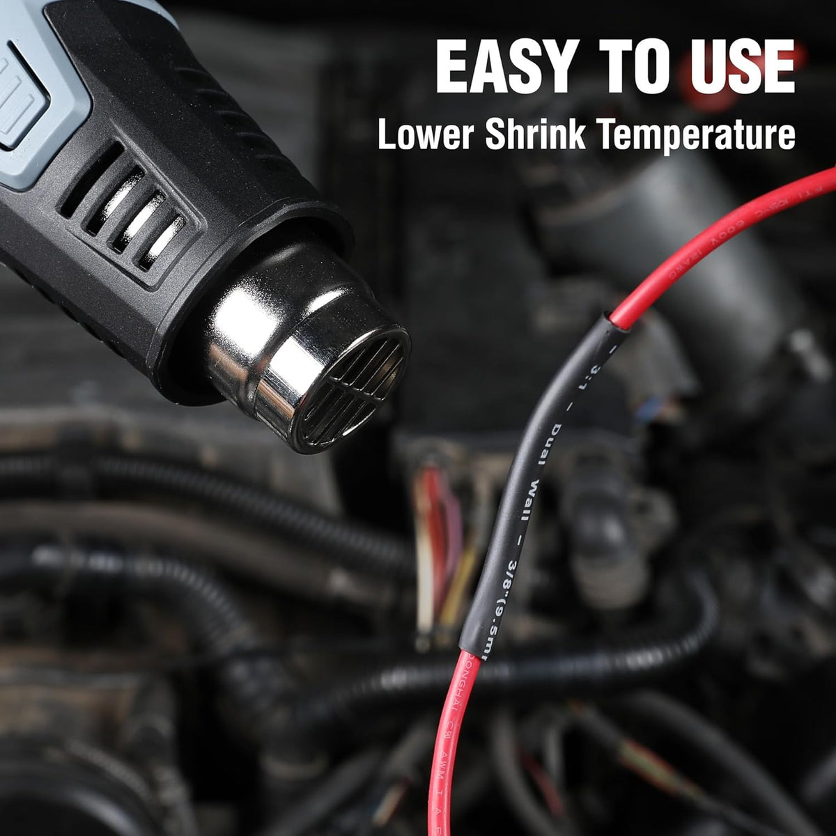 Black dual-wall heat shrink tubing with lower shrink temperature for easy use