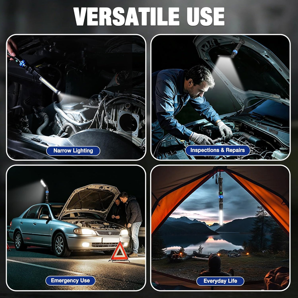 Rechargeable LED work light with adjustable head for car repair, inspections, camping, and emergencies.