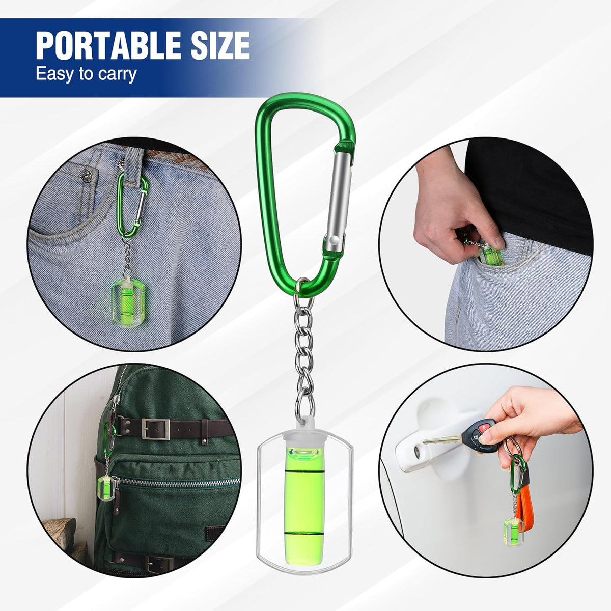 Green carabiner keychain mini bubble level for pocket or belt carry