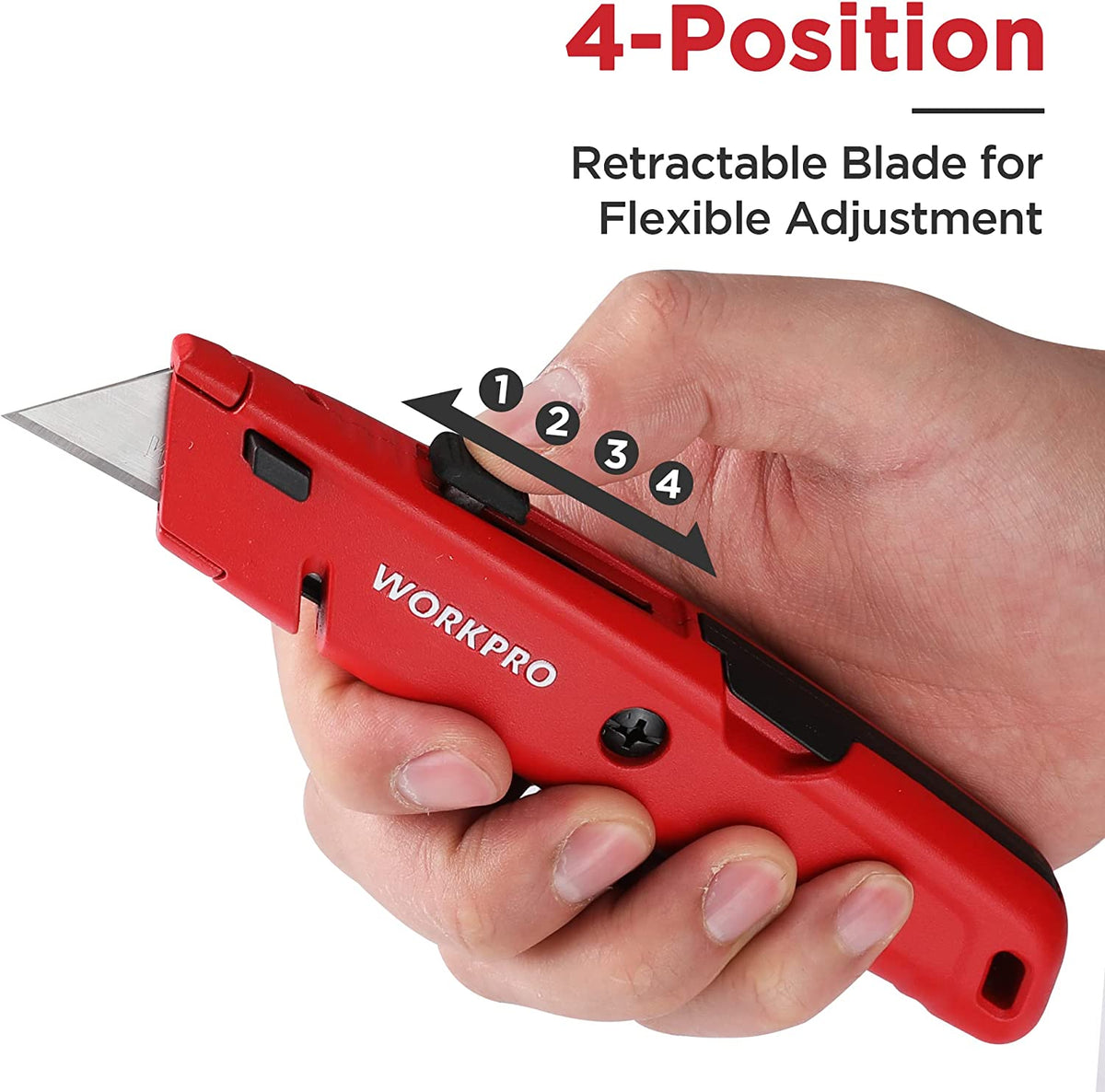 Red retractable box cutter utility knife showing blade retraction positions, held in hand