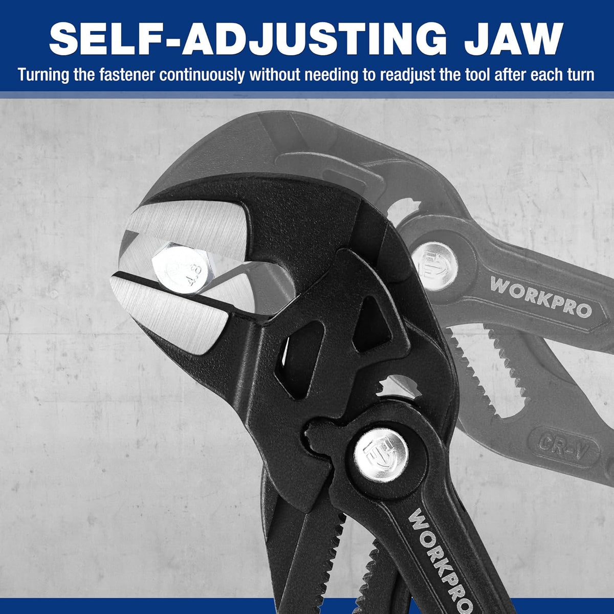 Self-adjusting jaw plier wrench in black with serrated jaws and blue handle grips