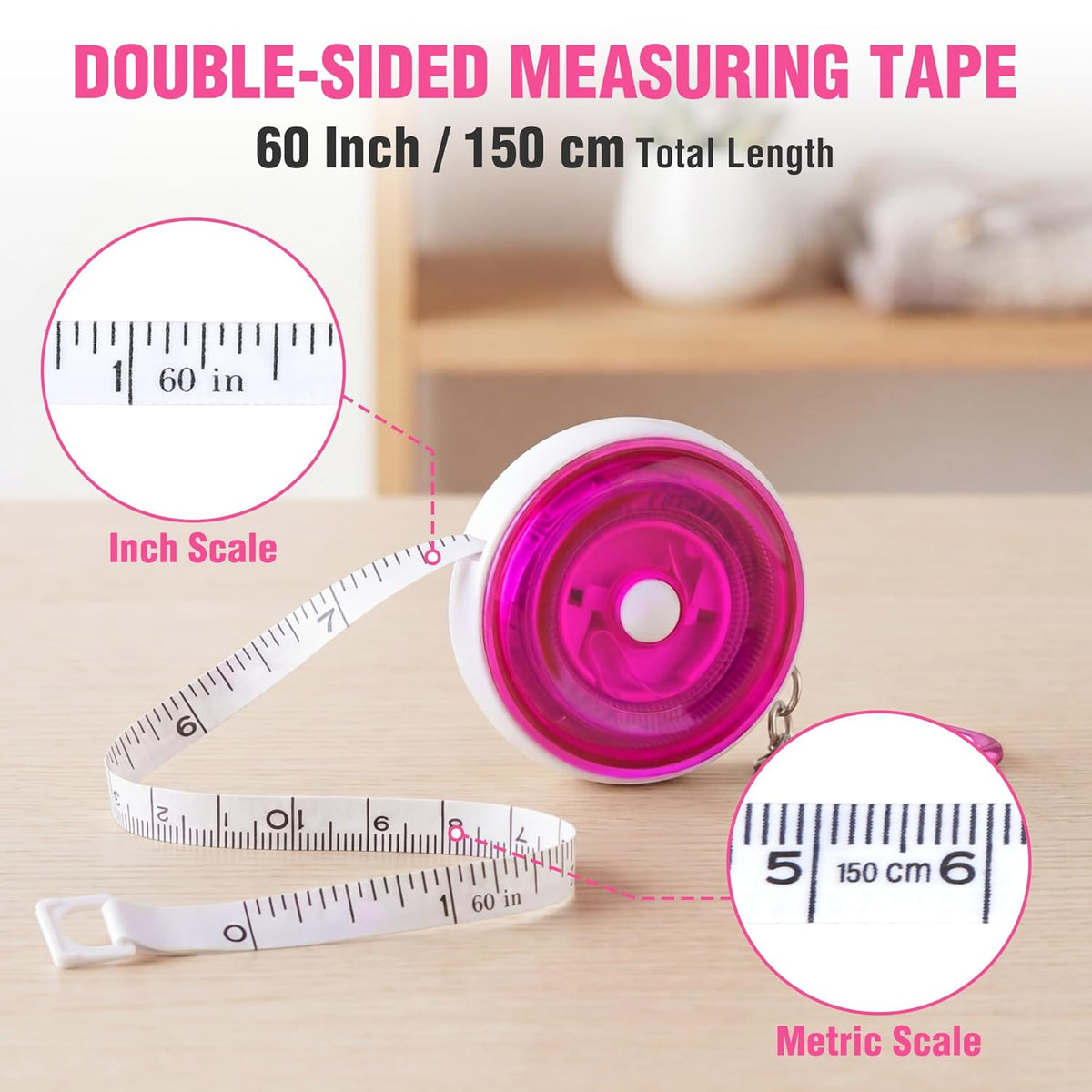Pink retractable tape measure showing inch and 150 cm metric scales.