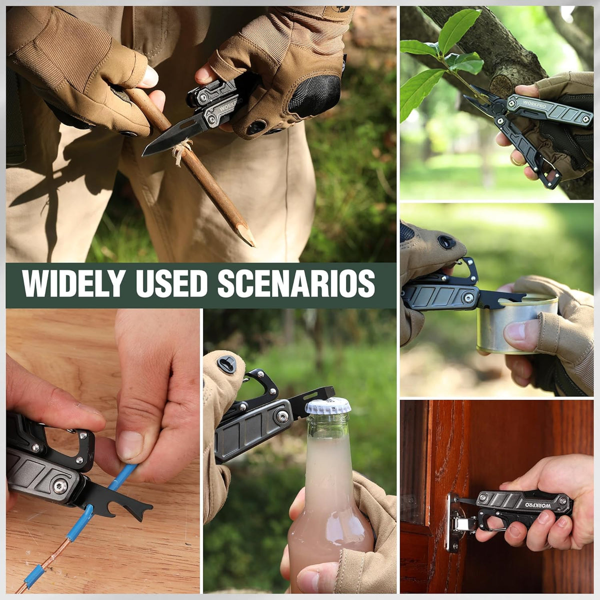 WORKPRO multitool pliers in outdoor use, with knife blade and screwdriver tip