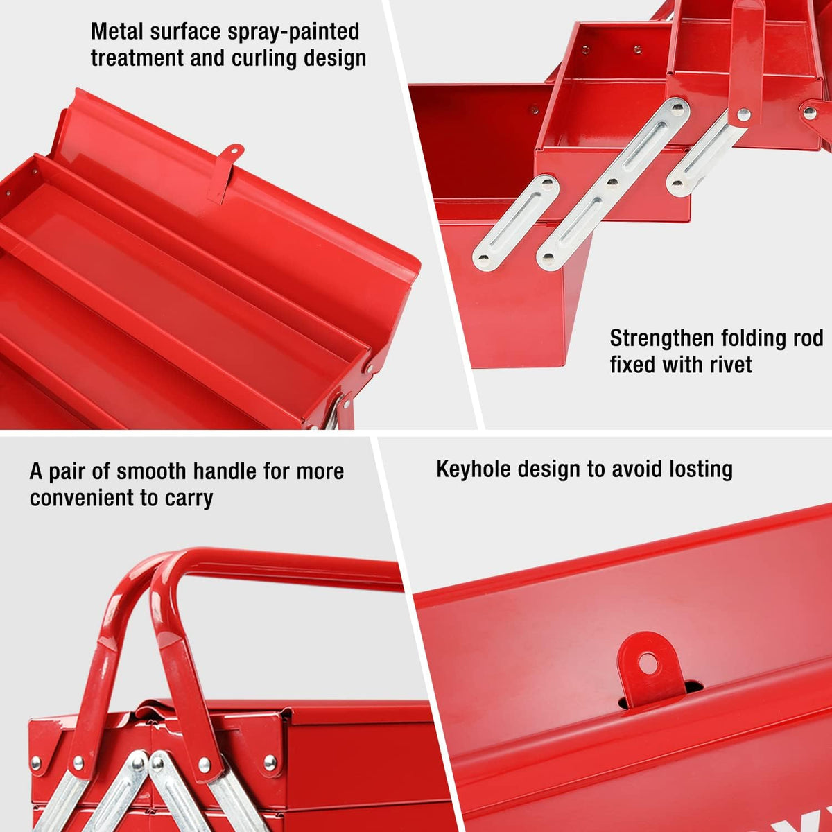Workpro metal tool box with cantilever folding design in red, carbon steel construction and lockable keyhole