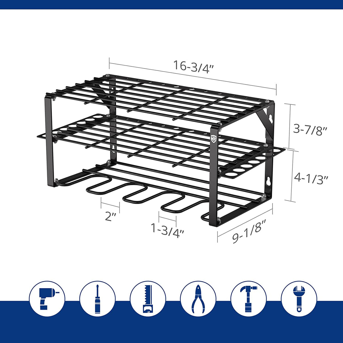 Black wall-mounted 3-tier rack with labeled dimensions and hook rows