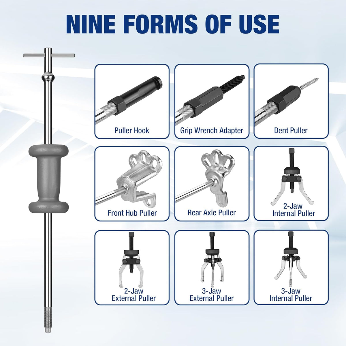 Slide hammer kit showing nine puller configurations, including hub and internal pullers