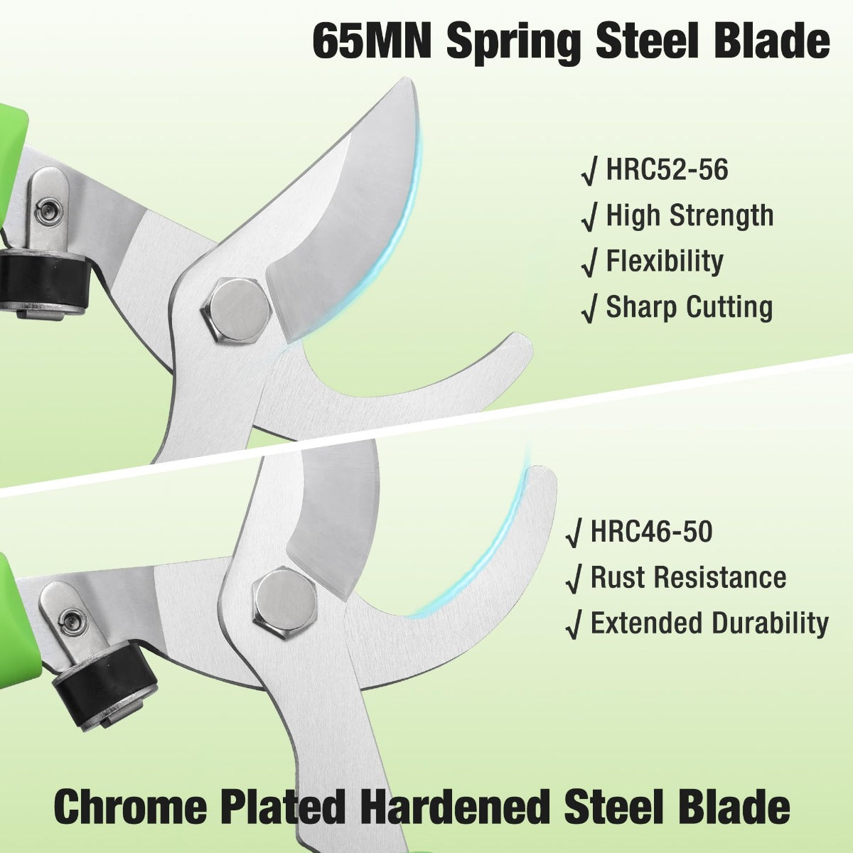 Chrome-plated steel bypass lopper blade with green handle grips