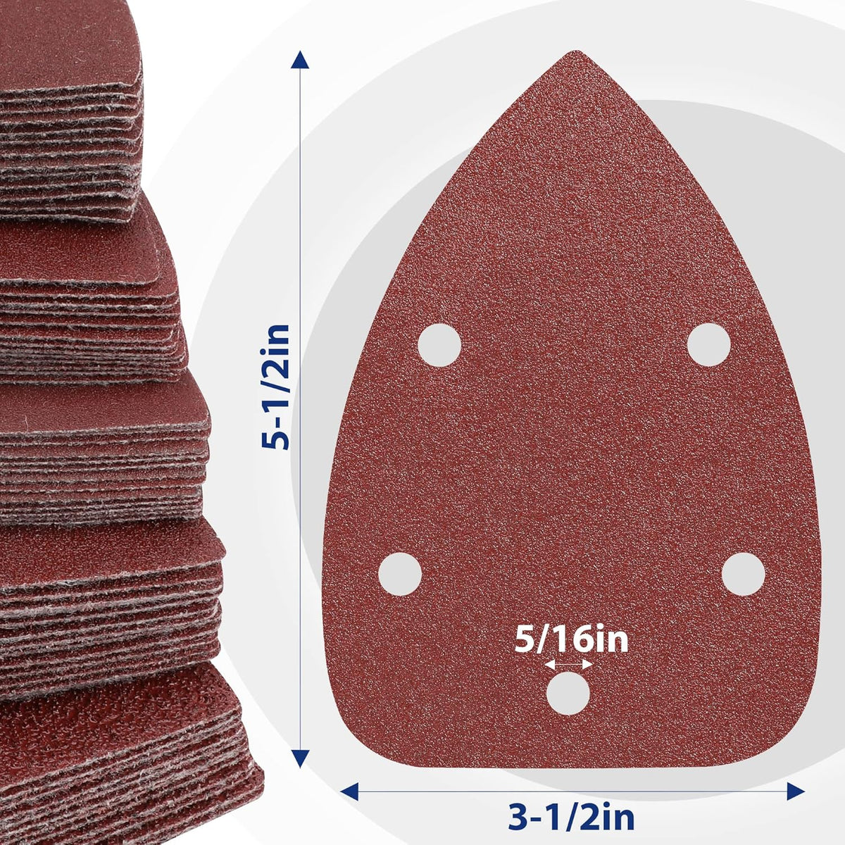 Red triangular sanding pad with hook-and-loop backing and 5-hole dust collection pattern