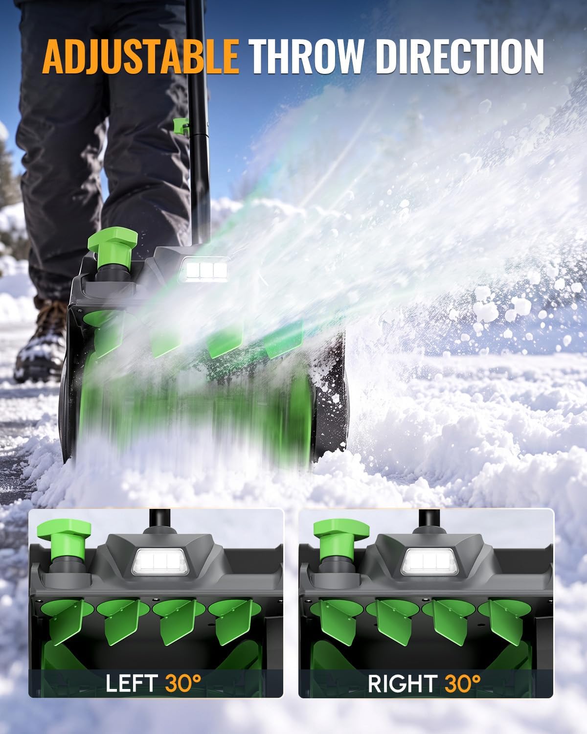 Workprox cordless snow shovel with adjustable throw direction clears snowy walkways and driveways in green and black