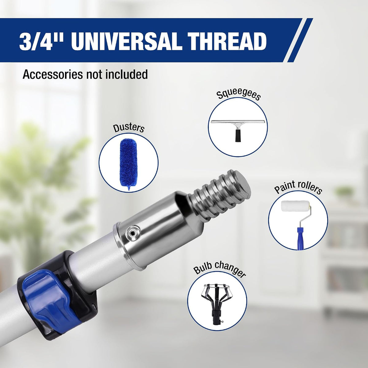 Workpro 3 ft paint roller pole in silver aluminum with flip lock, shown with dusters, squeegees, and paint rollers.