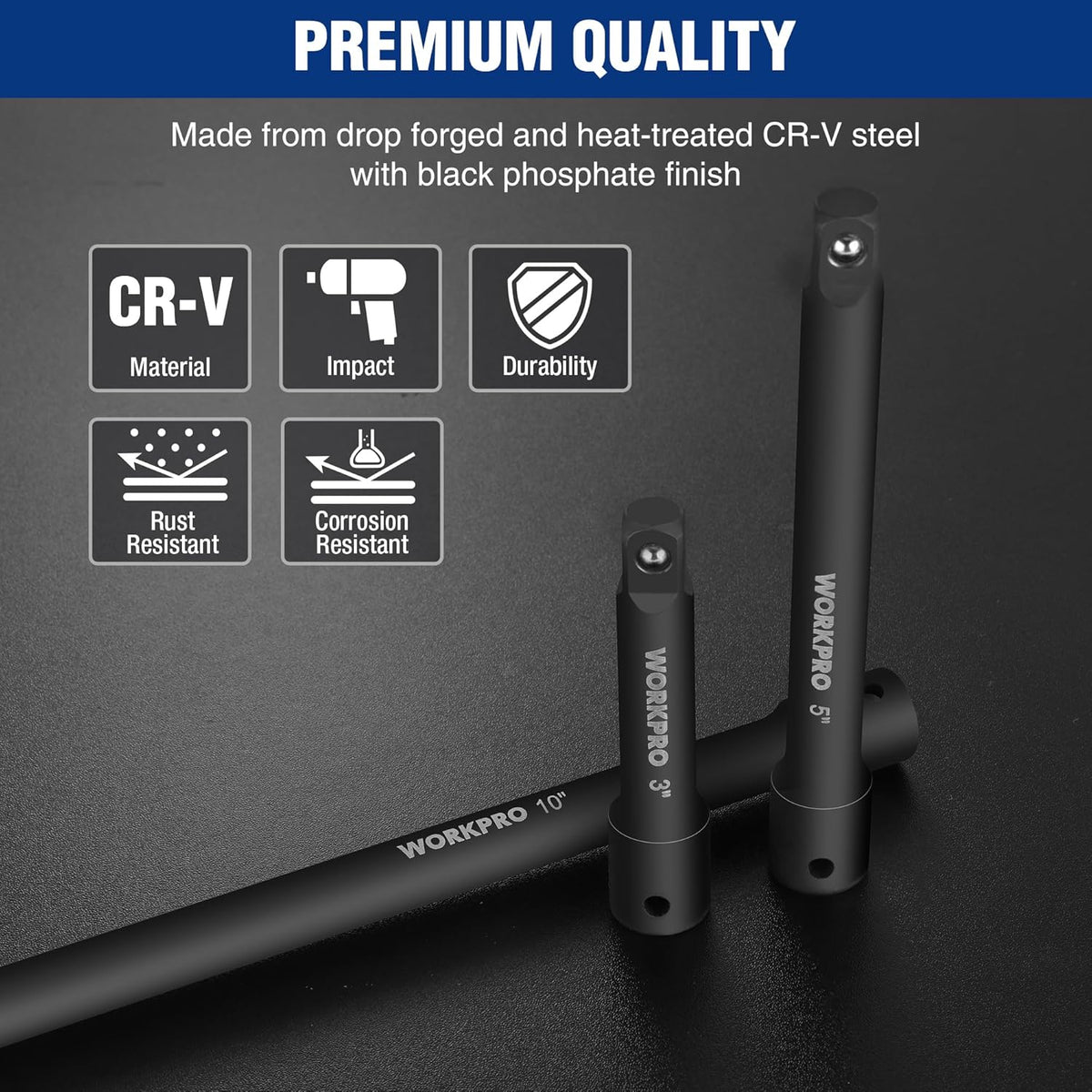 3/8-inch drive extension bars with black phosphate finish, three-piece set