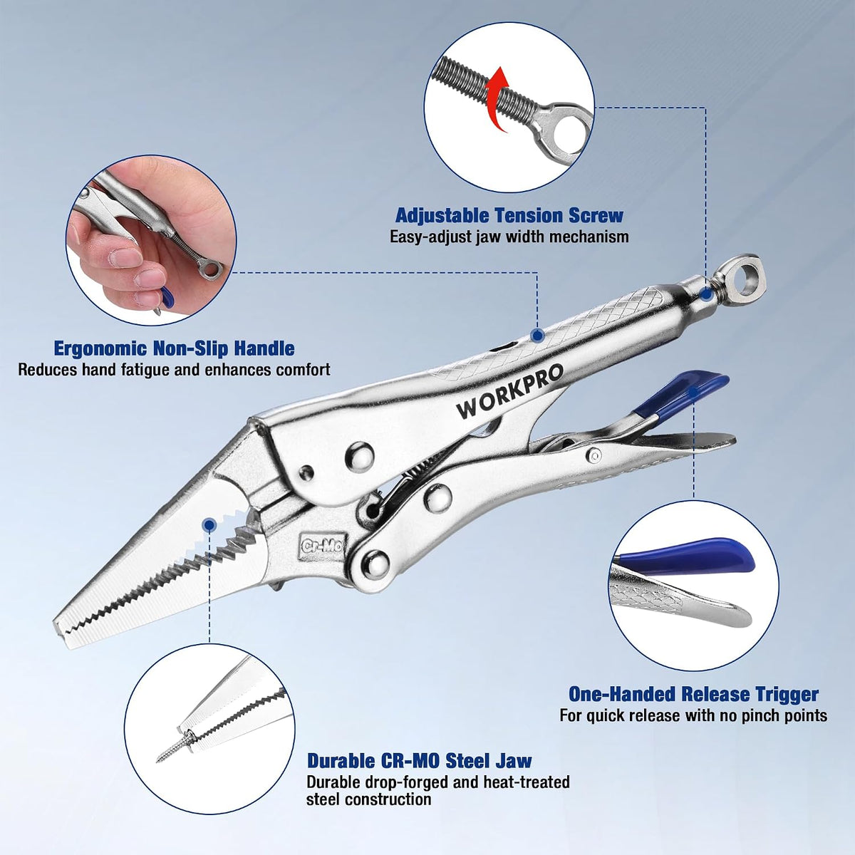 Workpro 9.5 inch long nose locking pliers in silver with an ergonomic non-slip handle and one-handed release trigger.