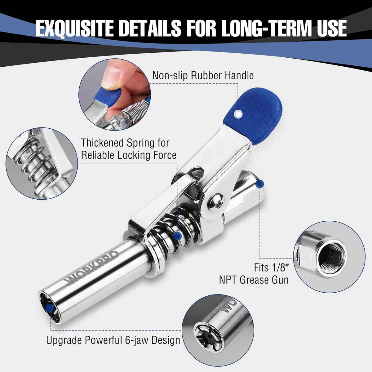 Heavy-duty grease coupler with blue non-slip handle and quick-release jaws