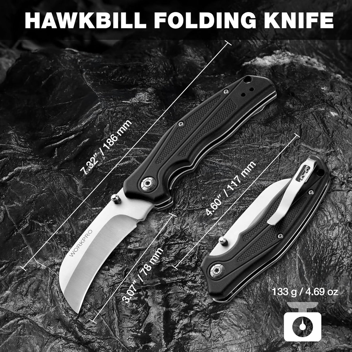 WORKPRO hawkbill folding utility knife with lanyard hole and belt clip, dark handle.