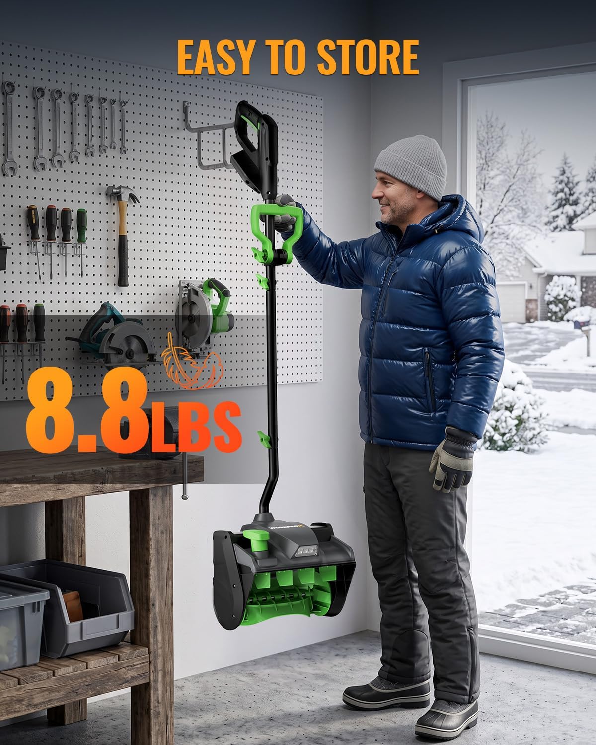 Workprox cordless snow shovel in green and black with brushless motor for clearing snowy walkways