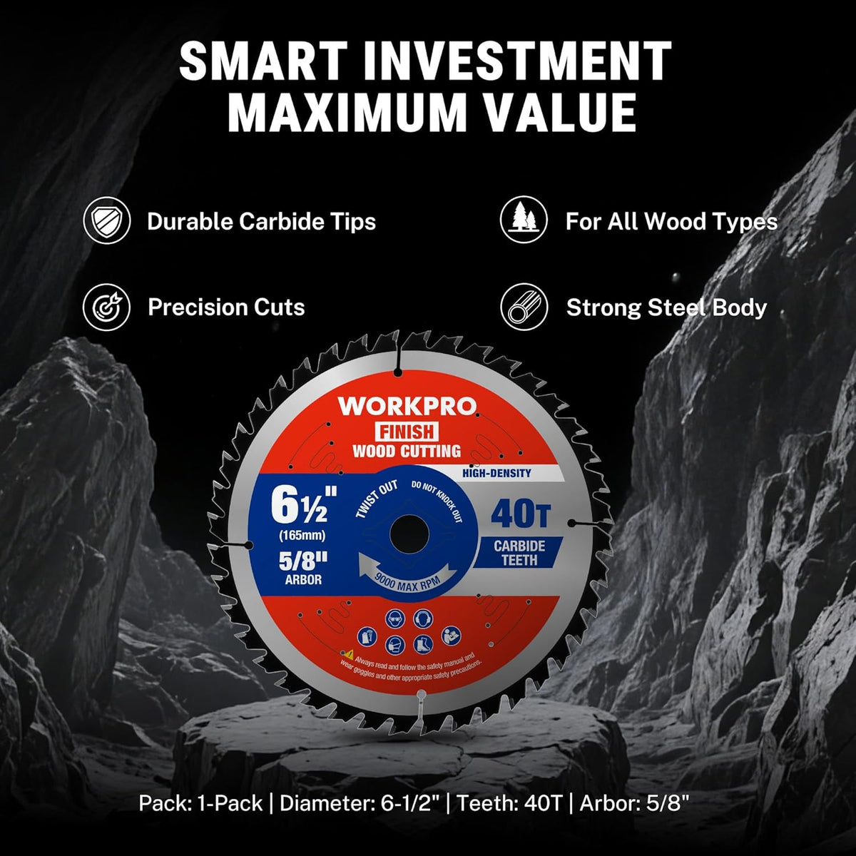 Circular saw blade, 6-1/2 in diameter, 40T carbide teeth, 5/8 in arbor, 1-pack