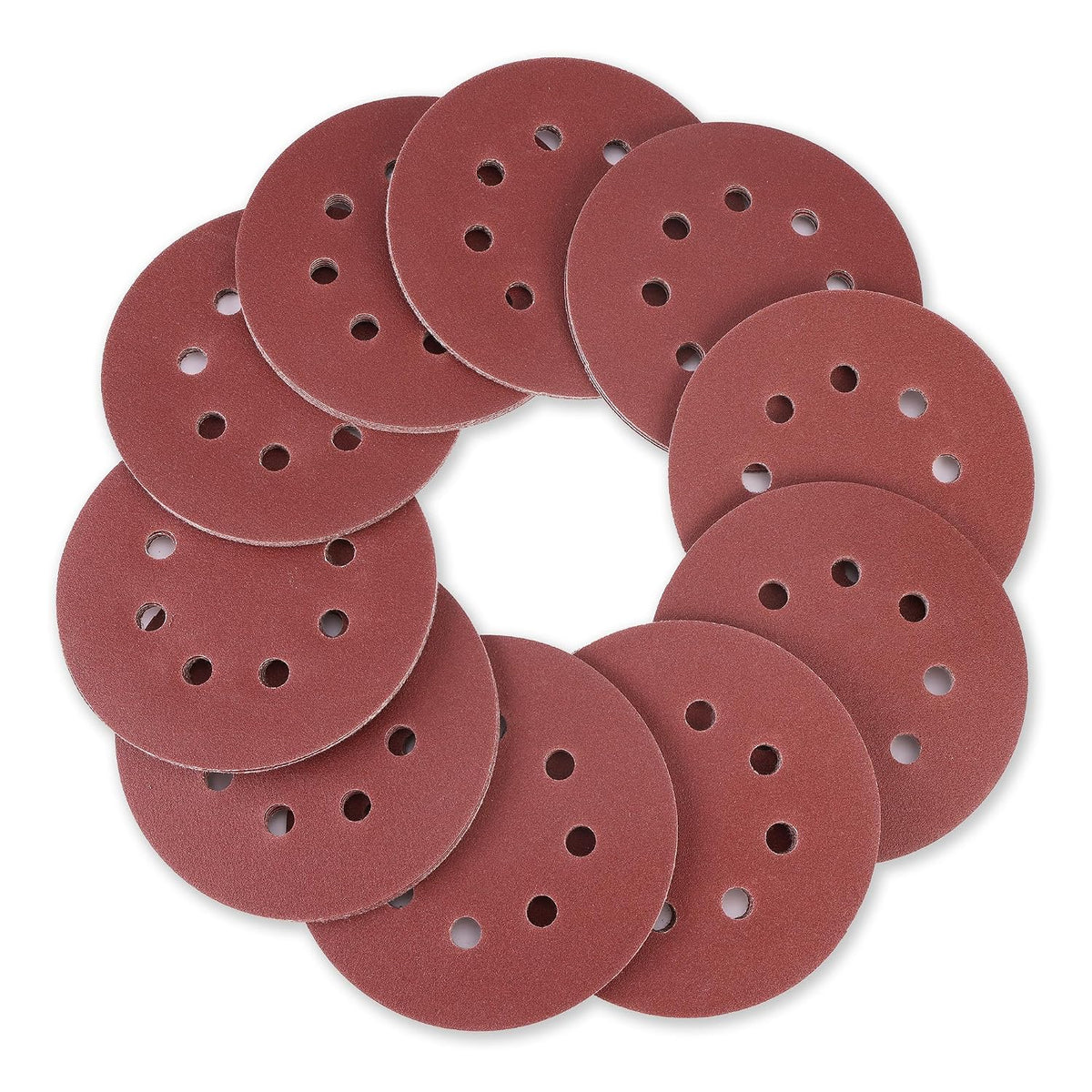 Assorted red hook-and-loop sanding discs with 8-hole perforation, circular abrasive pads