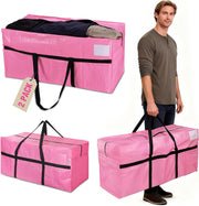Pink 2-pack extra large moving storage bags with zippers and black carry handles.