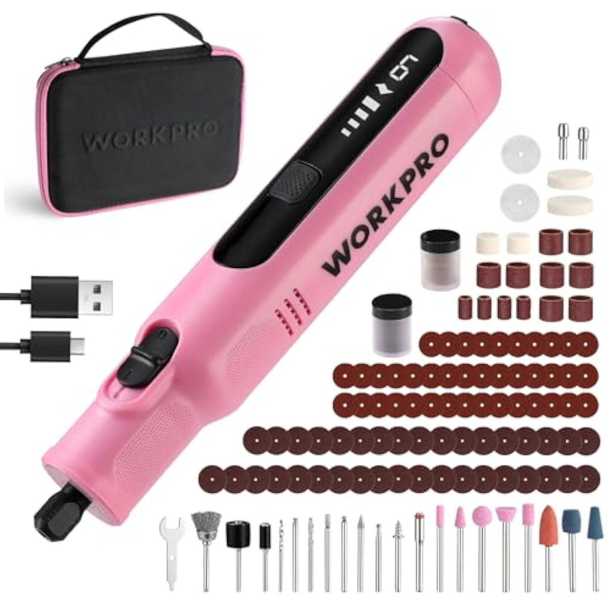Pink cordless rotary tool kit with black carrying case, bits, and USB Type-C cable