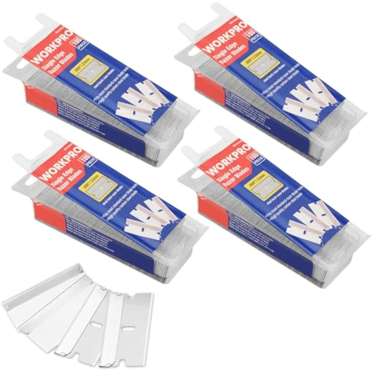 Four sealed packs of single-edge razor blades with loose blade strips, ready for use.