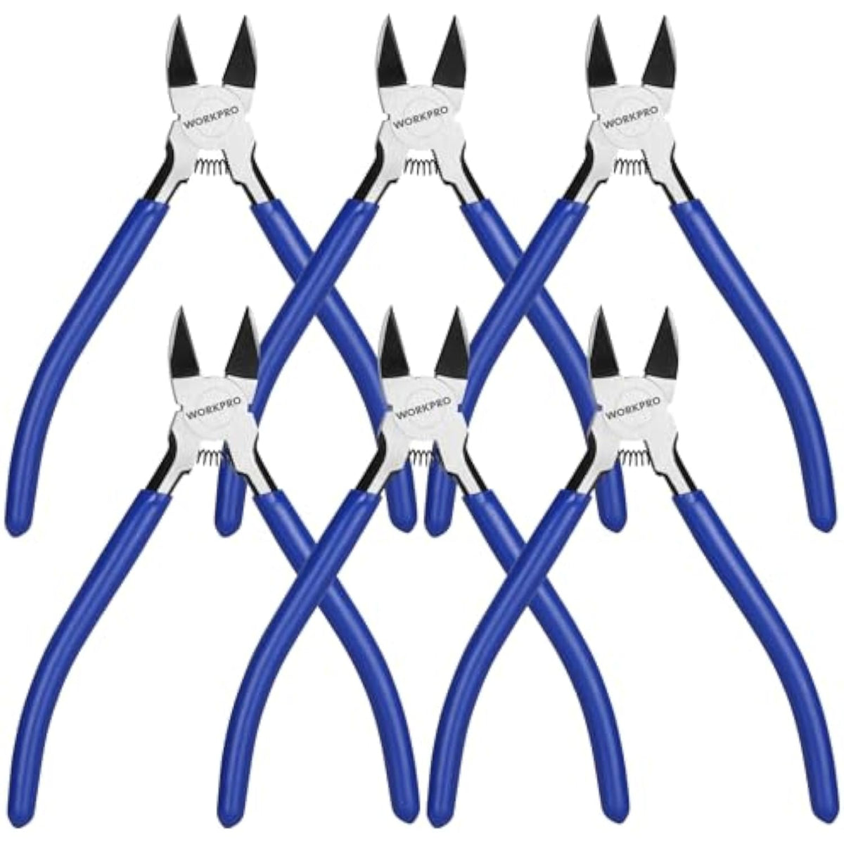 Pack of flush cutters with blue handles and black jaws, spring mechanism visible