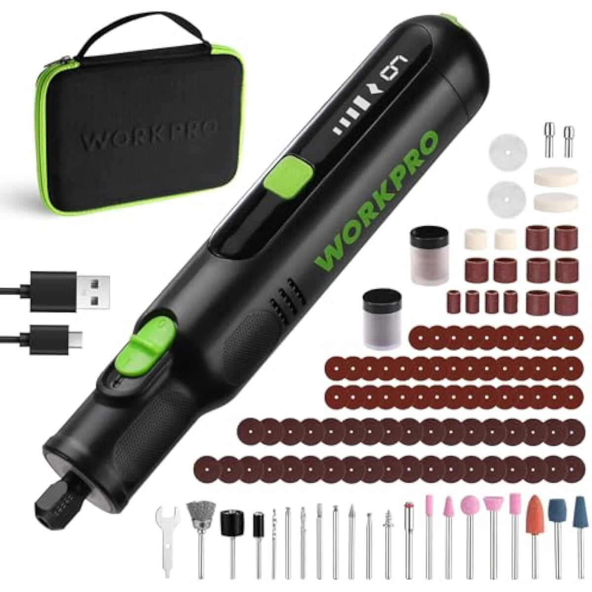Cordless rotary tool kit with storage case, bits, sanding bands, and grinding wheels