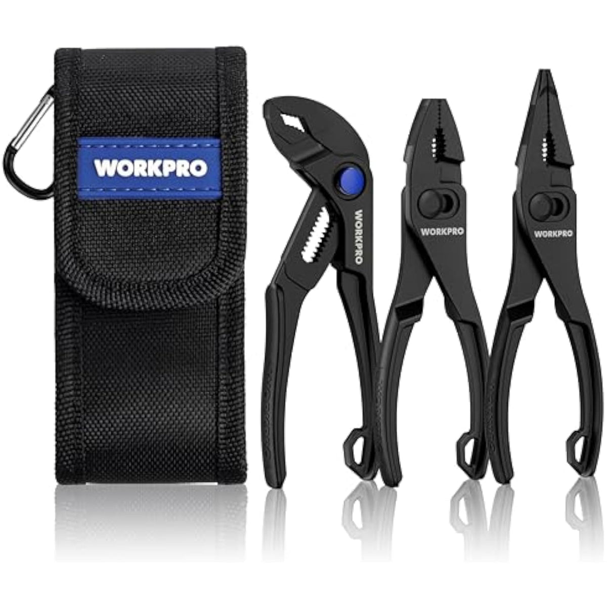 WORKPRO 3-piece mini pliers set with black pouch and three black slip-joint pliers