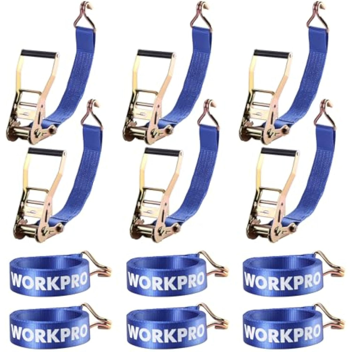 6-pack of blue ratchet tie-down straps with metal ratchets and hook ends