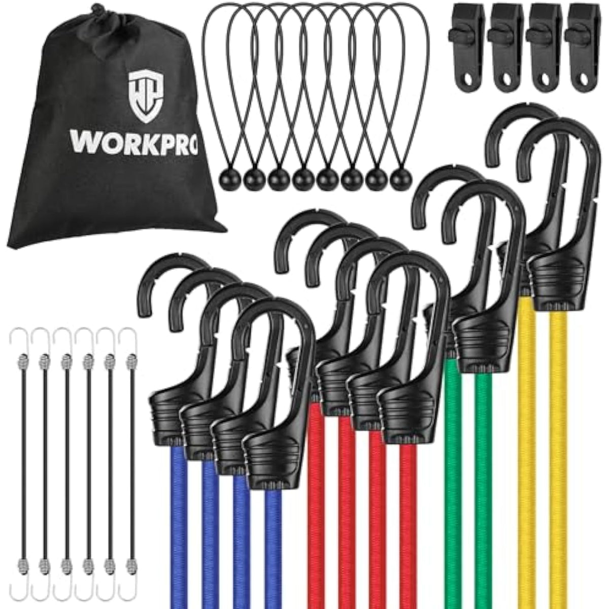 Multicolor bungee cord set with black hooks and storage bag, shown in a flat lay
