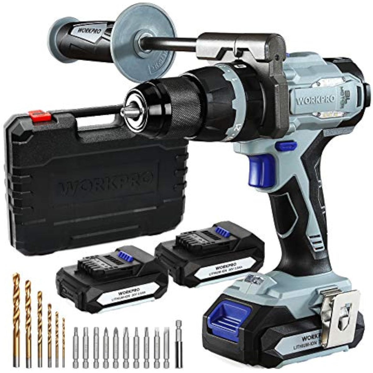 Cordless drill driver with battery pack and assorted drill bits in a black case