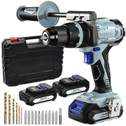 Cordless drill driver with battery pack and assorted drill bits in a black case