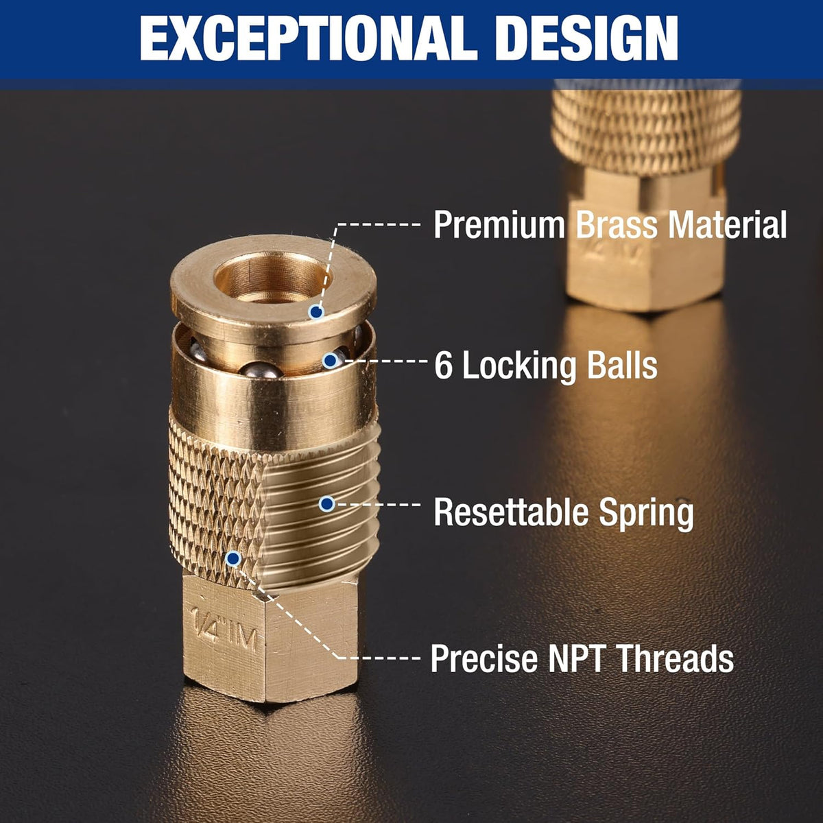 1/4 in NPT brass air hose quick-connect coupler with locking balls and spring