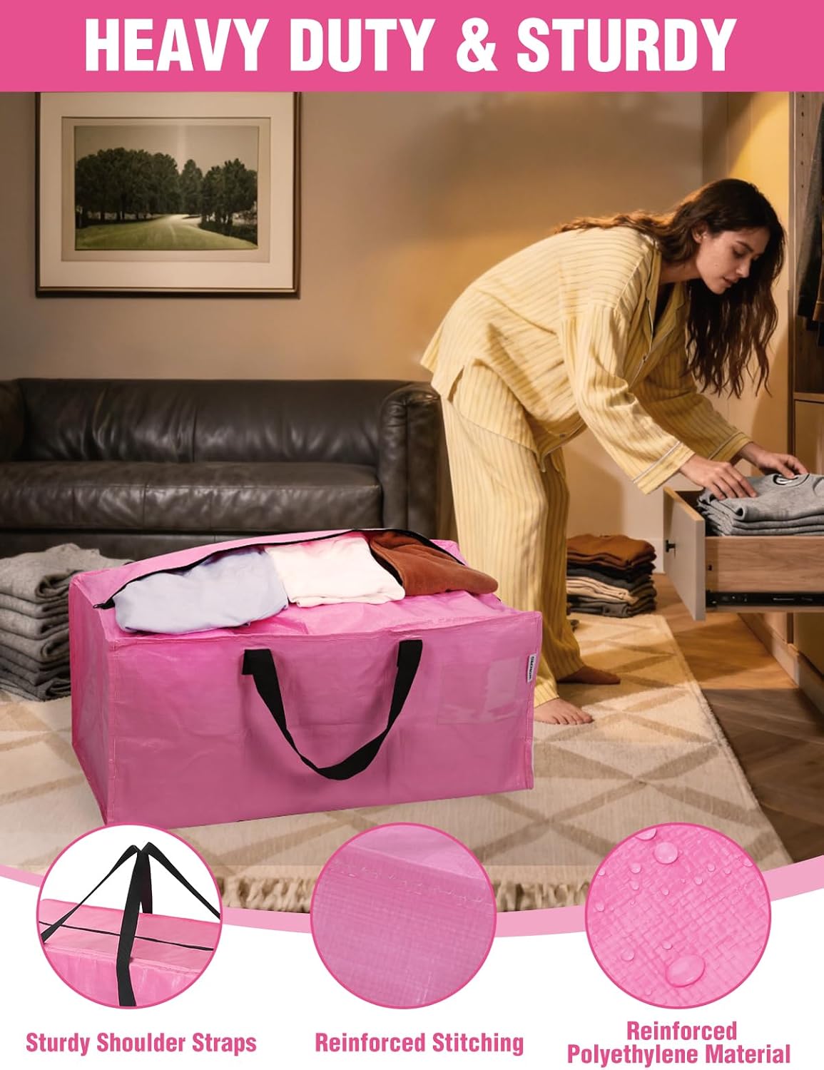 Pink extra-large moving storage tote bag with zip top and black carry handles