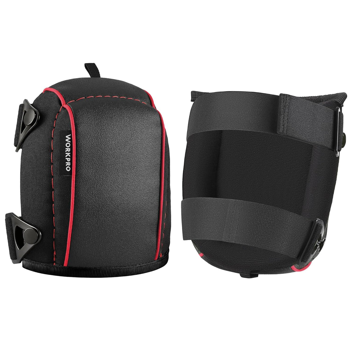 WORKPRO foam-padded garden knee pads with wide adjustable straps, black with red trim