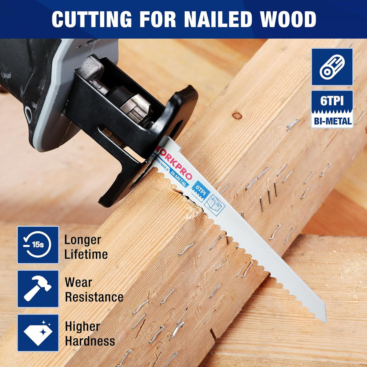 Bi-metal reciprocating saw blade cutting into nailed wood plank