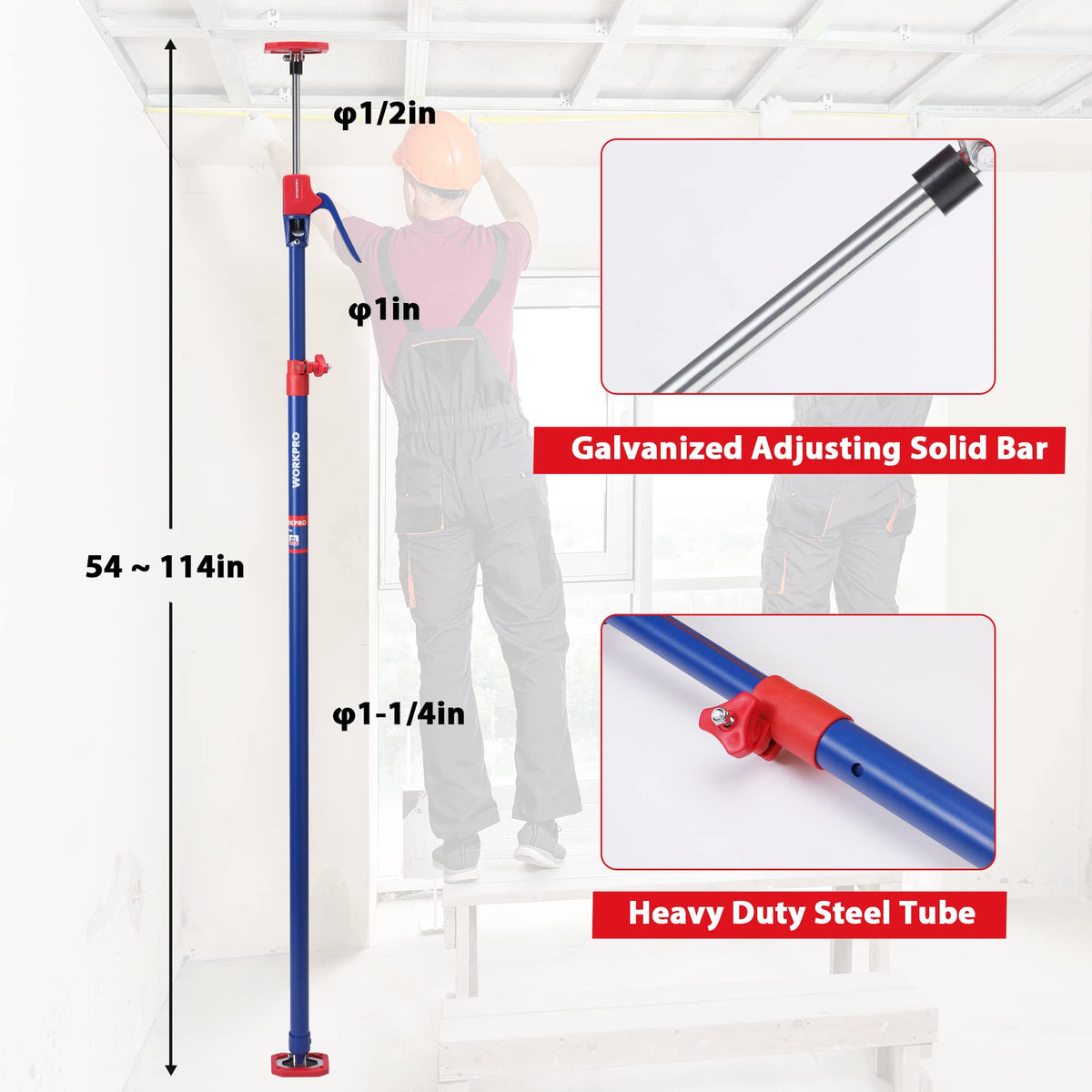 Adjustable cabinet jack support pole with blue steel tube and red base for lifting
