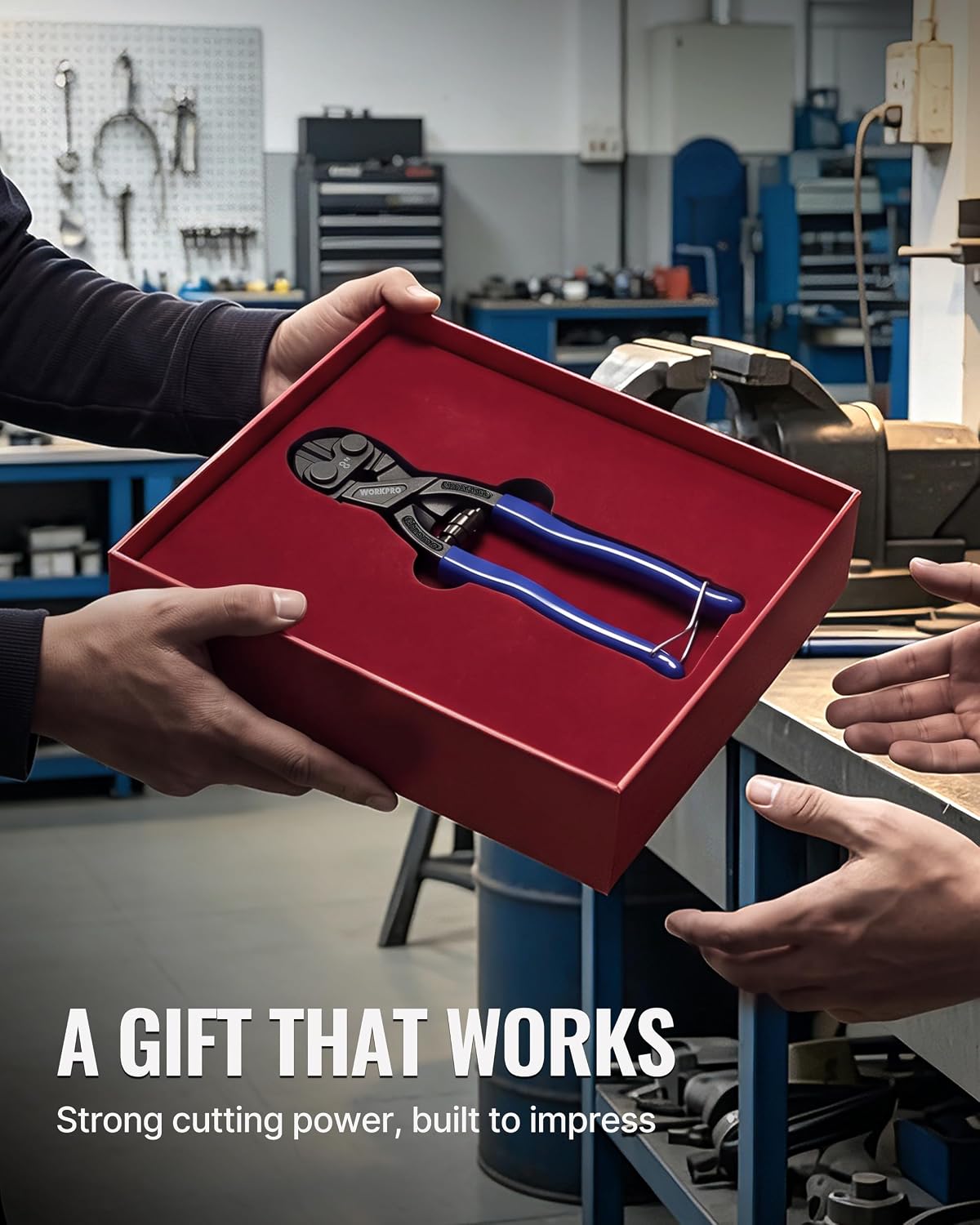 Workpro 8 inch mini bolt cutter with recess and spring in blue, featuring a high-hardness cutter head for metal cutting.