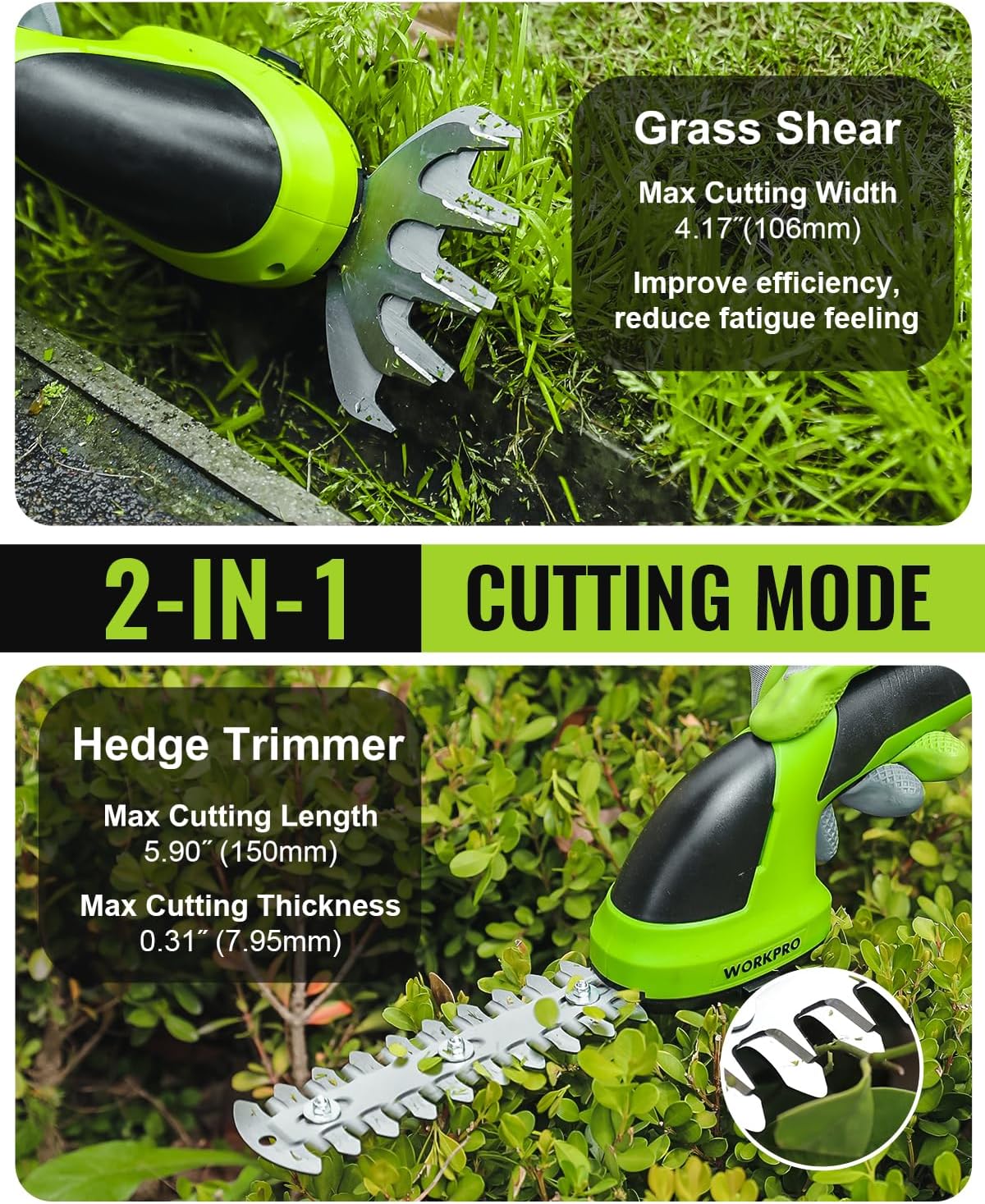 Handheld cordless grass shear with lime green and black body, metal shrub blades