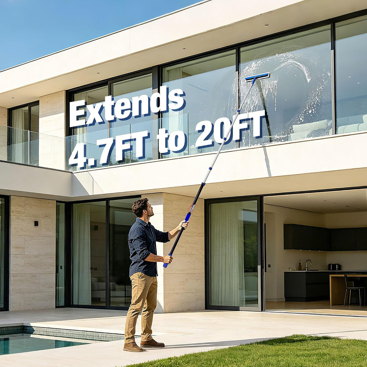 Workpro pole for painting in blue and black with a non-slip foam grip, shown cleaning a high window